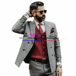 vintage Gray Stripe Men Suit Double Breasted Busin Party Man Suit Slim Fit 2 Piece Groom Wedding Suits Smoking Mariage Homme r0Mt#