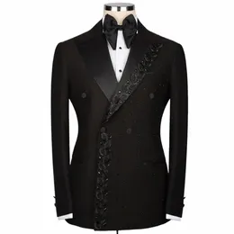 trajes de boda negros de para hombres, Blazer Ajustado de Doble Botadura, Pantales, Esmoquin Novio, Cuentas Cristales, Vestido Fiest I0hn##