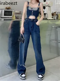 Irabezt vintage casual denim ternos das mulheres outono camisola topos de cintura alta perna larga calça de duas peças alta rua trend240327