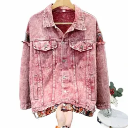 american Retro Wed Pink Patchwork Workwear Jacket Couple Loose Casual High Street Denim Jackets Men Tops Male Clothes C0Rd#