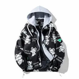 men's Lg Cardigan Jacket Windproof and Waterproof Hooded Trench Coat Fi Print Carto Raincoat Men's Jacket q9OL#