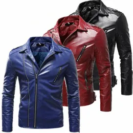2023 Yeni Siyah Erkekler Rüzgar Taşıyıcı Biker Deri Deri Ceket Kırmızı Kahverengi Mavi Pu Coat Fi Günlük Palto Erkek Üstleri Dış Giyim S-4XL 5XL N1LX#
