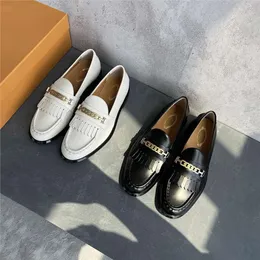 Potato Shreds, Tassels, Loafers, Women's Open Edged Beaded British Style Round Toe White Bean Shoes, Small Leather Shoes