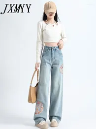 Jeans femininos jxmyy chinês perna reta para mulheres primavera verão cintura alta mostrar design solto bordado largo calças compridas