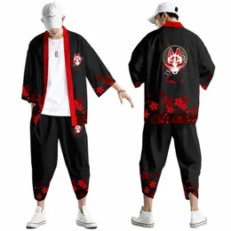 XXS-6XL Black Fox Printing Japanese Style Fi Kimo and Pants Set Men Cardigan Blus Haori Obi Asian Clothes F2ek#