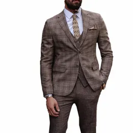 checkered Pinstripe Men's Suit 3 Pieces Blazer Pants Single Busin Formal Work Wear Wedding Groom Plus Size Costume Homme M5Ea#