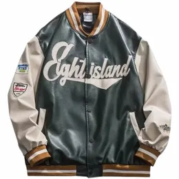 Giacca da baseball uniforme Giacca da corsa in pelle High Street unisex impiombata giacca da ricamo lettera americana vintage Pu streetwear j97s #