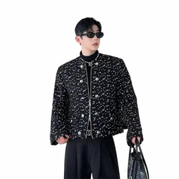 Noymei -paljetter Koreansk stil Fible Men's Short Jacket Black Woolen dragkedja Double Breasted Decorati Autumn Coat WA2980 G3NL#
