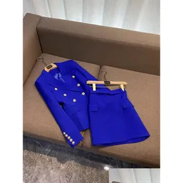 Two Piece Dress Spring Blue Solid Color Sets Long Sleeve Notched-Lapel Blazers Top Add Belted Panelled Short Skirt Set Suits Drop Deli Otlmc