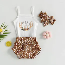 Kleidungssets Baby Mädchen Shorts Set ärmellos Geweih Kuh Print Strampler mit und Haarband