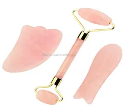 3PCSSet Natural Rose Quartz Gua Sha Jade Facial Massage Roller Natural Jade Guasha Board Scraping Tool Body Massage Relaxation8861636