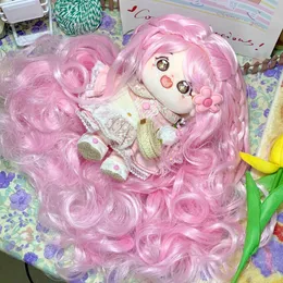 Party levererar verklig bild av 20 cm bomullsdocka rosa hår krullad peruk hög temperatur peruker lång krullad perukskydd för 33-36 cm huvudcirkel cosplay