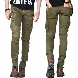 Mäns jeans Green Denim Biker Jeans Skinny New Runway Distred Slim Elastic Homme Hip Hop Military Motorcycle Cargo Pants P1FU#