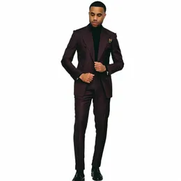 Burdy Men 's Suit Double Breast Blazers Set Wedding Male Tuxedos 2 조각 재킷 및 바지 정점에 적목적 신랑웨어 C7TZ#