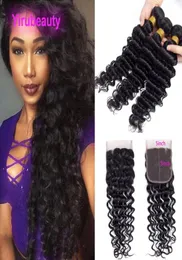 Indian Virgin Human Hair Three Bundles With 5x5 Lace Closure Deep Wave Three Middle Part 4 Piecelot Deep Curly Natural Color5487390