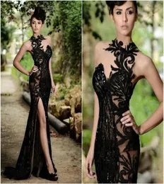 Noble Black Fashion Slim Prom Dresses High Quality Sequins High Crew Neck Formal Dresses Sexy Side Split See Through Evening Gowns1838807