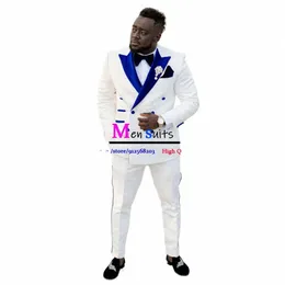 Royal Blue Lapel Men Suit Set 3 Pieces Jacket+Vest+Pants White Jacquard Wedding Suits For Men Custom Made Groom Suits Tuxedos 60K6#