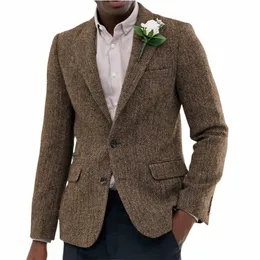 Formalne męskie wełniane brązowe garnitury Bussin Kurtka Prom Green Tuxedos One Piece Herringbe wzorzyste blezer na wesele K8E7#