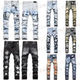 Jeans da uomo Jeans firmati da uomo Moda Stile europeo americano Jean Hombre Lettera Stella Ricamo Pantaloni Patchwork Strappato per pantaloni da moto Uomo Skinny T240327