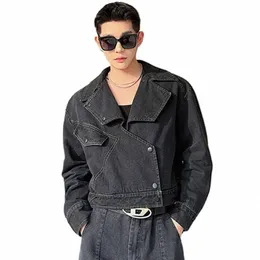 iefb Lapel Men's Denim Jackets Irregular Placket Design Solid Color Pocket Male Short Coats Persality Spring New Trendy 9C4771 z5ey#