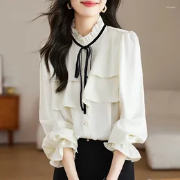 Women's Blouses QOERLIN Chic Ruffles Stand Collar Flare Sleeve Single-Breasted Tops Chiffon Shirts Women Elegant Casual Korean Fashion