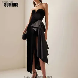 Urban Sexy Kleider SUMNUS Schwarzer Velours-Schatz-Abend-Party, bescheidene große Schleife, trägerlos, seitlich geteilt, einfaches Ballkleid, elegantes Outfit yq240327