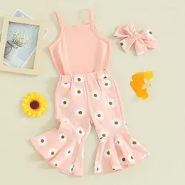 의류 세트 3pcs Born Baby Girls Solid Sleeveless Sling Romper Floral Print 플레어 바지 머리띠 여름 의류 세트