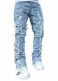 man Stacked Jeans Elastic Waist Straight Fit Patchworks Denim Lg Pants Fringe Ripped Jeans For Men 20Dq#