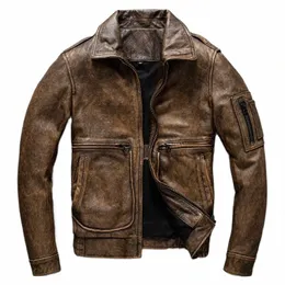 Nova camada superior de couro retro couro masculino curto marrom old-fied motocicleta terno lapela motocicleta jaqueta de couro fi k0tg #