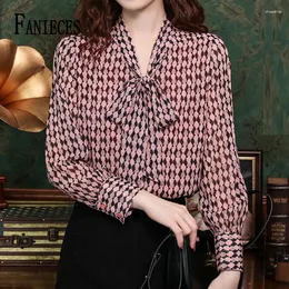 Kadın bluzları fanieces ropa mujer camisas ofis bayan moda ekose gömlek blusa dantel up şifon İngiltere uzun kollu baskı üstleri 1704