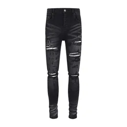 Offamiri 트렌디 브랜드 Black Bull Bull Washed 및 Worn out Aut Patchwork MX1 Elastic Slim Fit Jeans for Mens High Street