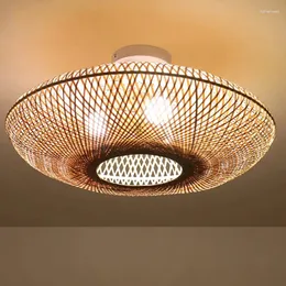 Plafoniere 50 cm Rotondo Bambù Vimini Rattan Semi Incasso Lampada da incasso Country Vintage Lampada a basso plafon Foyer Soggiorno Camera da letto