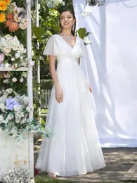 Simples marfim vestidos de dama de honra feminino a linha puffer manga curta com decote em v plissado tule aberto volta vestidos de festa de casamento com belt240327