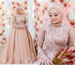 2021 Мусульманские свадебные платья с длинными рукавами и высоким воротом, кружевные аппликации, кристаллы, оборки, складки и складки, свадебное платье на заказ, Vestido d5088856