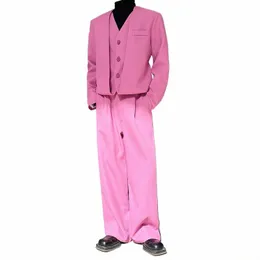 Noymei Spring Casual Pink False Two Pieces Short Blazer Straight Wide Leg Byxor Men's Fi Bright Color Set 2024 WA3623 R3JP#