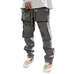 High Street Multi-Pocket Casual byxor för män och kvinnor Sidan Breasted Drawstring Cargo Pants Harajuku Solid Loose Pants K09H#