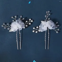 Hair Clips White Silk Flower Hairpins Fairy U Shaped Sticks Forks Pearls Beaded Headpieces For Bride Wedding Jewelry Accessories