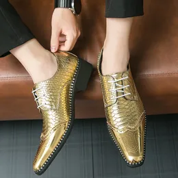 Bright fish scale patterned square toe leather shoes with lace up style gold formal business shoes wedding banquet mens derby shoes Size 38-46