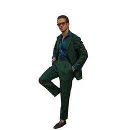 Street Wear Dark Green Men Suits Slim Fit 2 sztuki Dwa tyłki talia