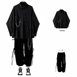 Arens Black Gothic Blouses عتيقة أزياء الشارع Harajuku قميص الربيع الخريف كبير الحجم غير متناظرة Punk Lg Sleeve 50o0#