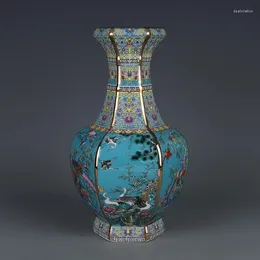 Vasos Qianlong Esmalte Hexágonos Vaso com Padrão de Flor e Pássaro Jingdezhen Antigo Cerâmica Azul