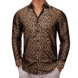 Luksusowe koszule dla mężczyzn Silk LG Sleeve Gold Fr Slim Fit Bluzki Męskie Bluzki swobodne formalne topy oddychające Barry Wang Y4O3#