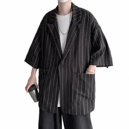 Полосатый пиджак Мужская летняя одежда с одним карманом Свободные пиджаки с короткими рукавами Fi Повседневный костюм Homme 97hk #