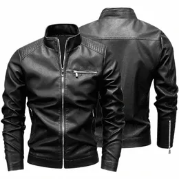 Spring Autumn Men's MotorCycle Läderjacka Stand Collar Solid Biker Jackets Trend Windproof Streetwear Faux Leather Outwear D65R#