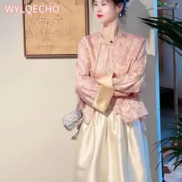 Ethnic Clothing Chinese Style Women's National Wind Zen Suit Pink Button Coat Skirt 2-piece Autumn 2024