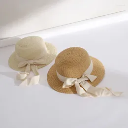 Chapéus de borda larga de alta qualidade feminino palha plana sol elegante arco fita anti-uv praia chapéu feminino menina verão férias boné