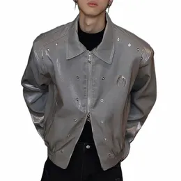 Mens autunno Y2K cyberpunk metallico spalla spalla giacca a due vie con cerniera generel breve casual fi giacca allentata alla moda w2je #