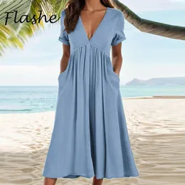 Summer Long Dres Elegant V Neck Aline Pocket Beach Party Dresses For Women Casual Maxi Dress Boho 240326