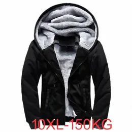 10xl 150kg erkek ceketler artı büyük boy büyük kapüşonlu kalın sıcak polar parkas kış siyah patchwork dış giyim ceket y0m8#