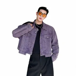 Noymei Purple Turn-Down Short Denim Jacket Fible 2024 Spring New Men 's Trendy Niche Design Wed Irregularity Coat WA4069 I2WJ#